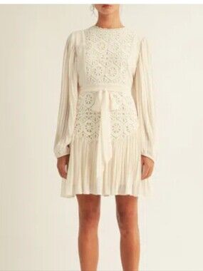 Arose Studio Ivory Crochet Lace Pleated Mini Dress Size M Long Sleeve Boho